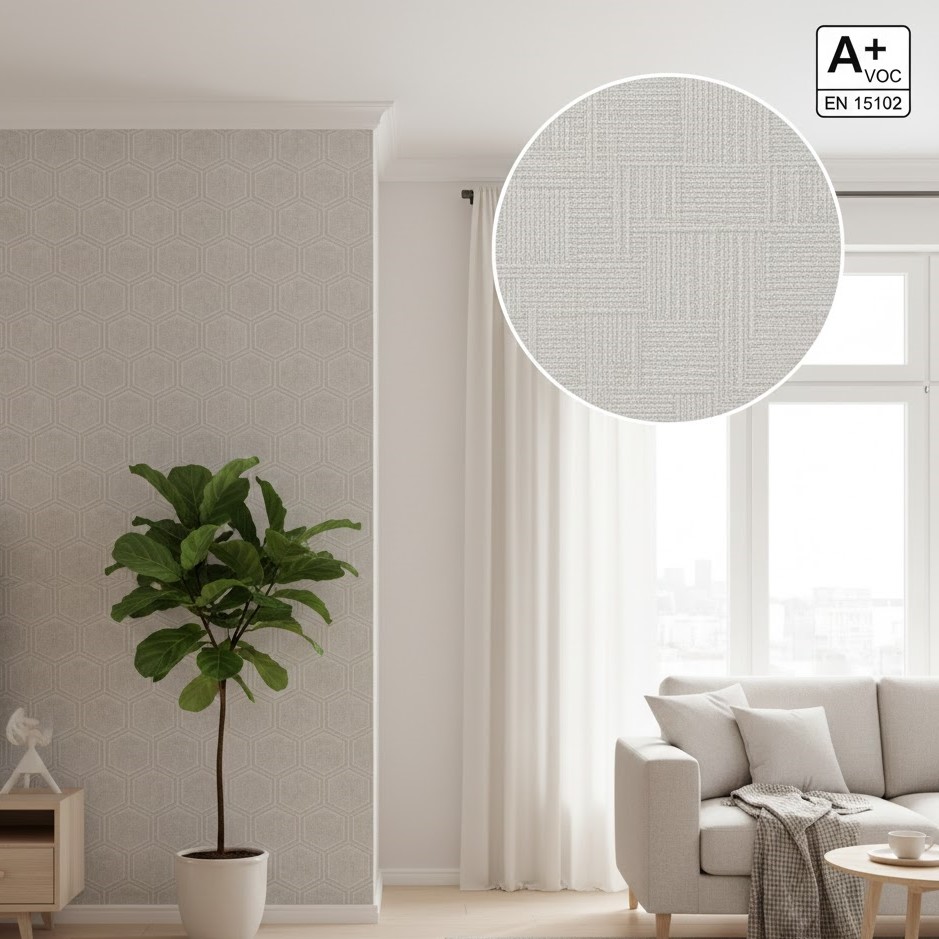 Modern European living room with A+ VOC and EN 15102 certified wallpaper