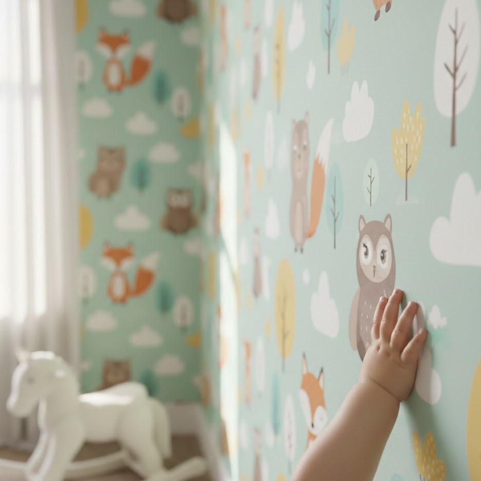 Baby's hand touching animal-patterned nursery wallpaper in a child's room