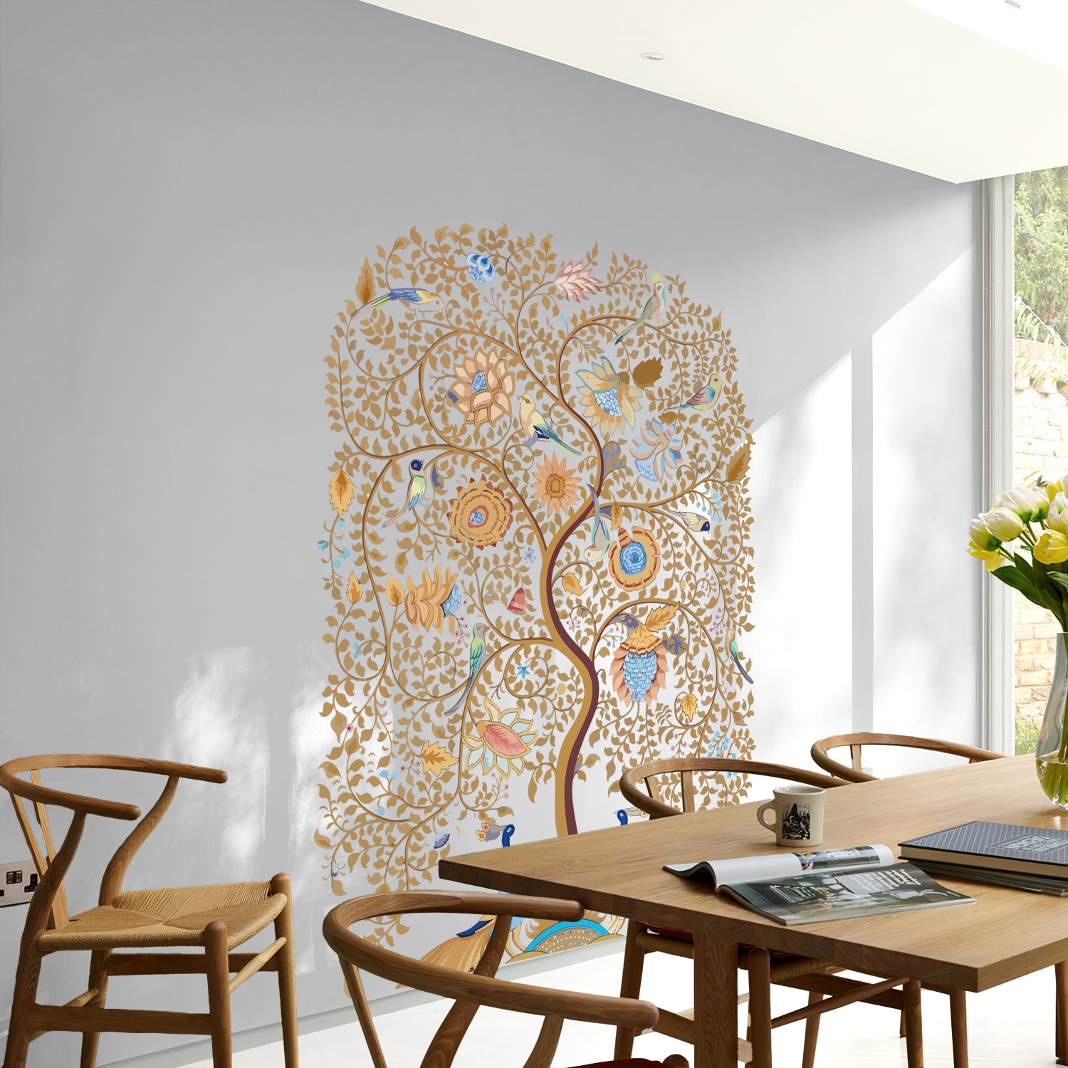 Peacock Symphony Under the Botanical Canopy - vibrant peacock wall art in an Indian home setting